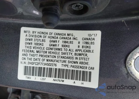 2018 Honda Civic Ex z USA, uszkodzony, nr VIN 2HGFC2F77JH502276